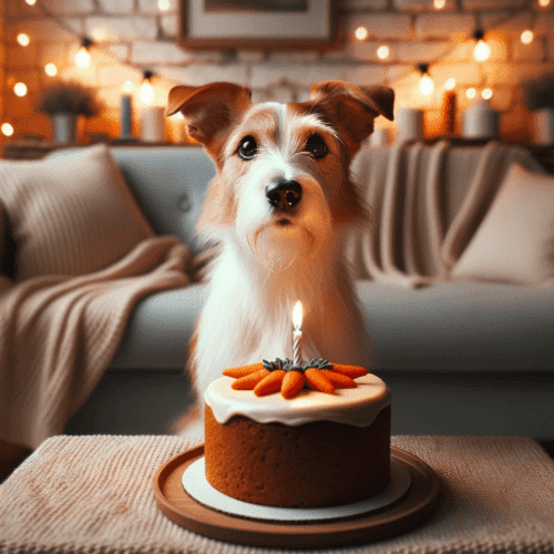 Hond die voor verjaardagstaart met wortel en kaarstjes zit te wachten