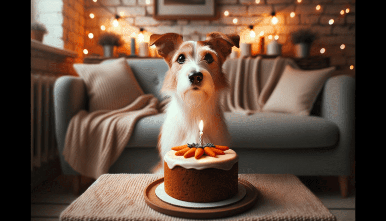 Hond die voor verjaardagstaart met wortel en kaarstjes zit te wachten