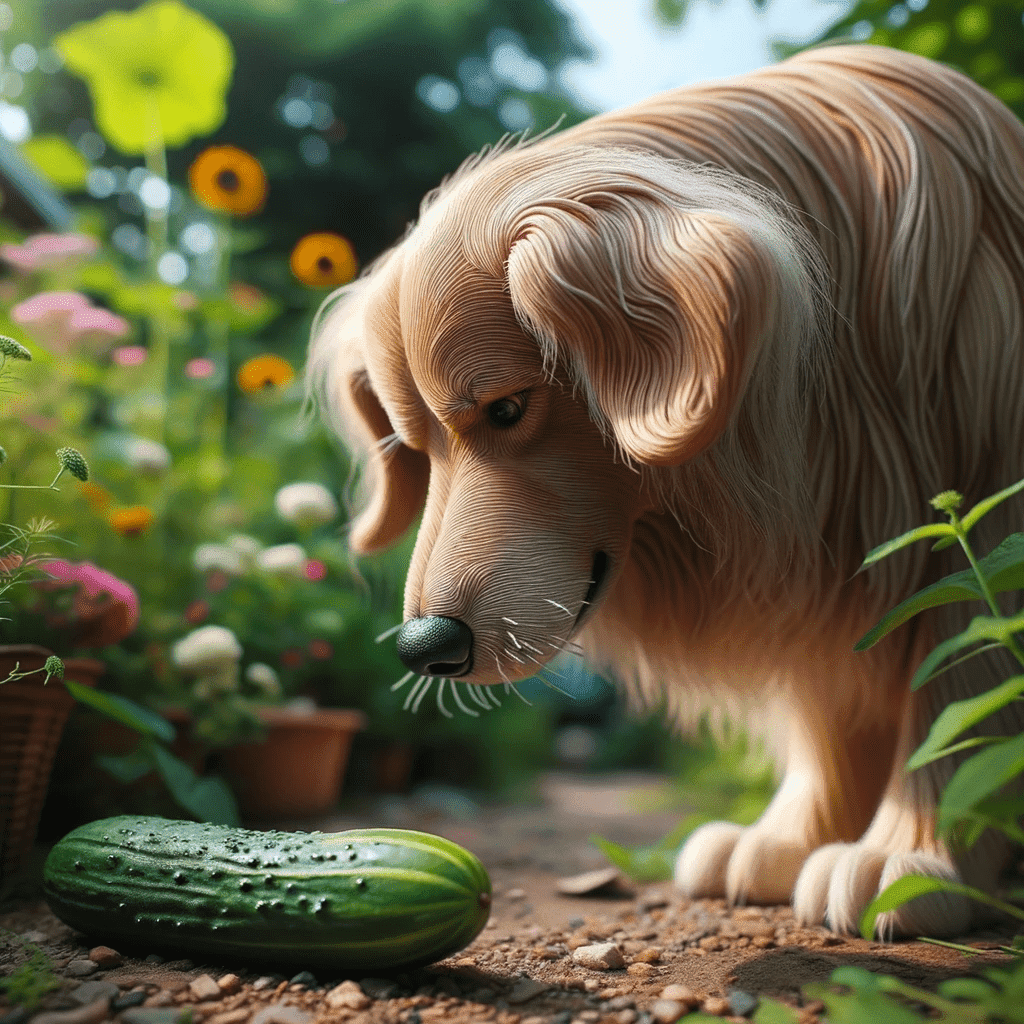 hond kijkt naar een komkommer