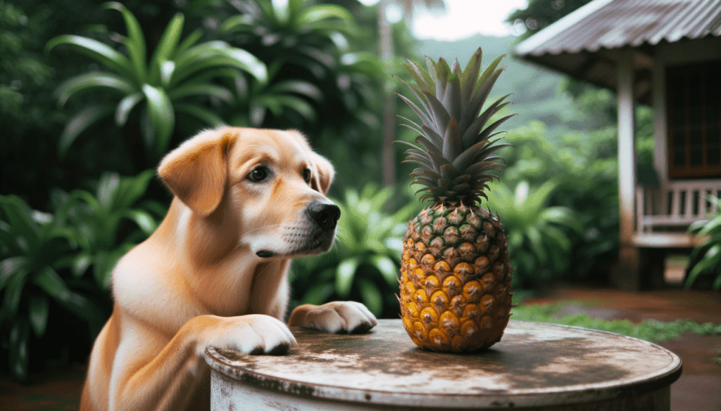 mag een hond ananas eten? 
hond kijkt naar ananas op olievat