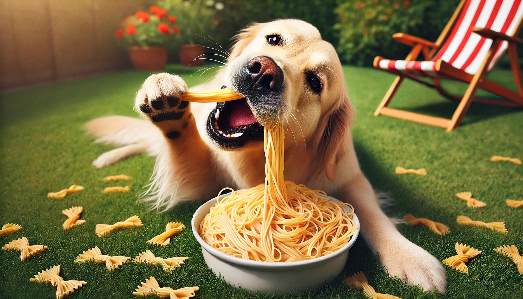 hond die pasta aan het eten is