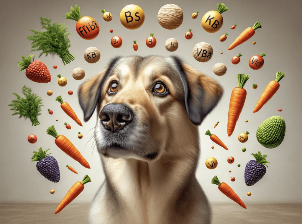hond omringd met vitamines en groenten